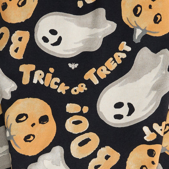 Boo printed pajama fabric: black with ghosts, pumpkins, and TRICK or TREAT icons