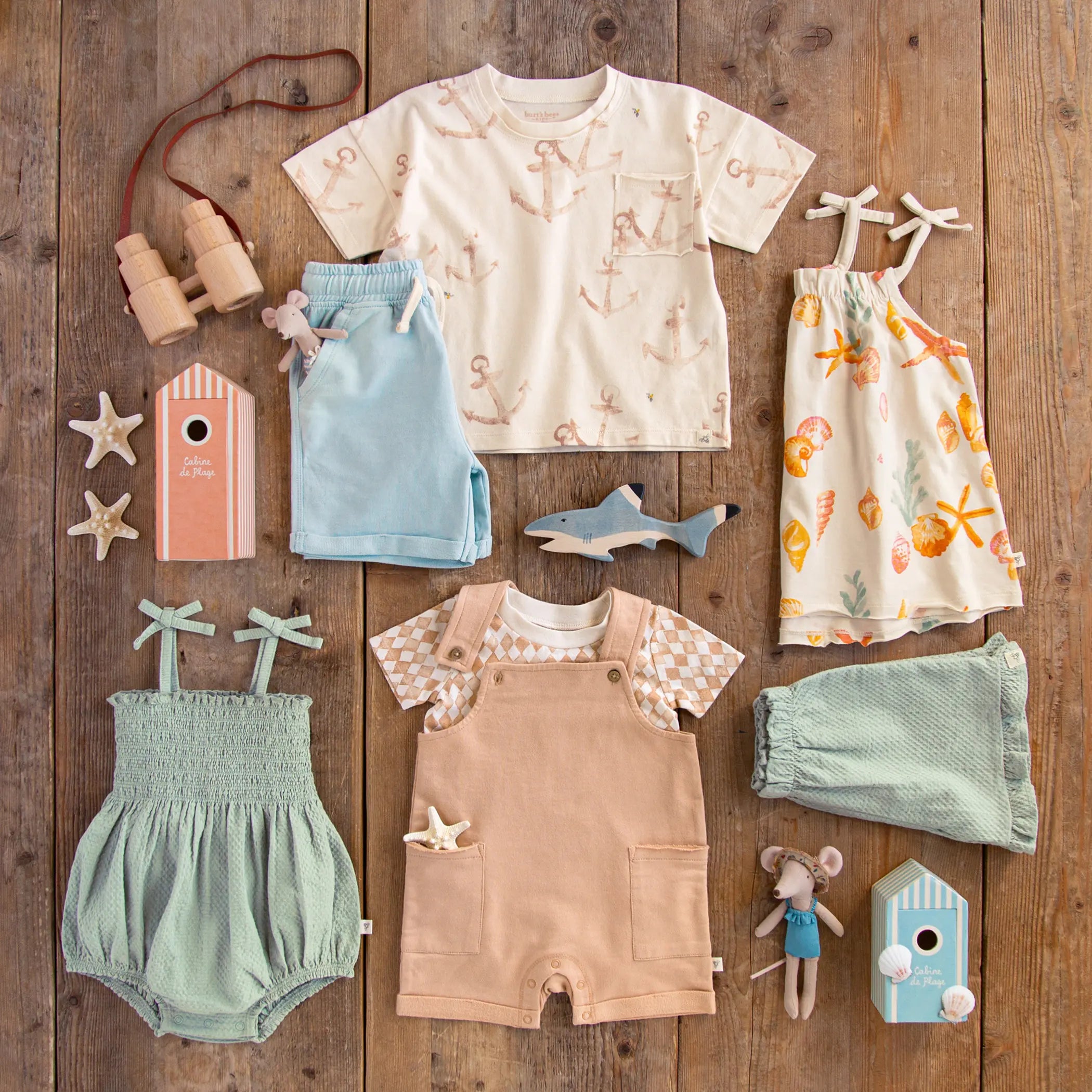 Shop the Look Product image of LY32702, 1 of 2-Pack Mediterranean Floral Bubble Set,  LY32708 - Anchors Boy Tee & Shorts Set,  LY32698 - Starfish & Shells Girl Tank & Shorts Set, and LY32711 - Diamond Tile Baby Boy Romper & Bodysuit Set