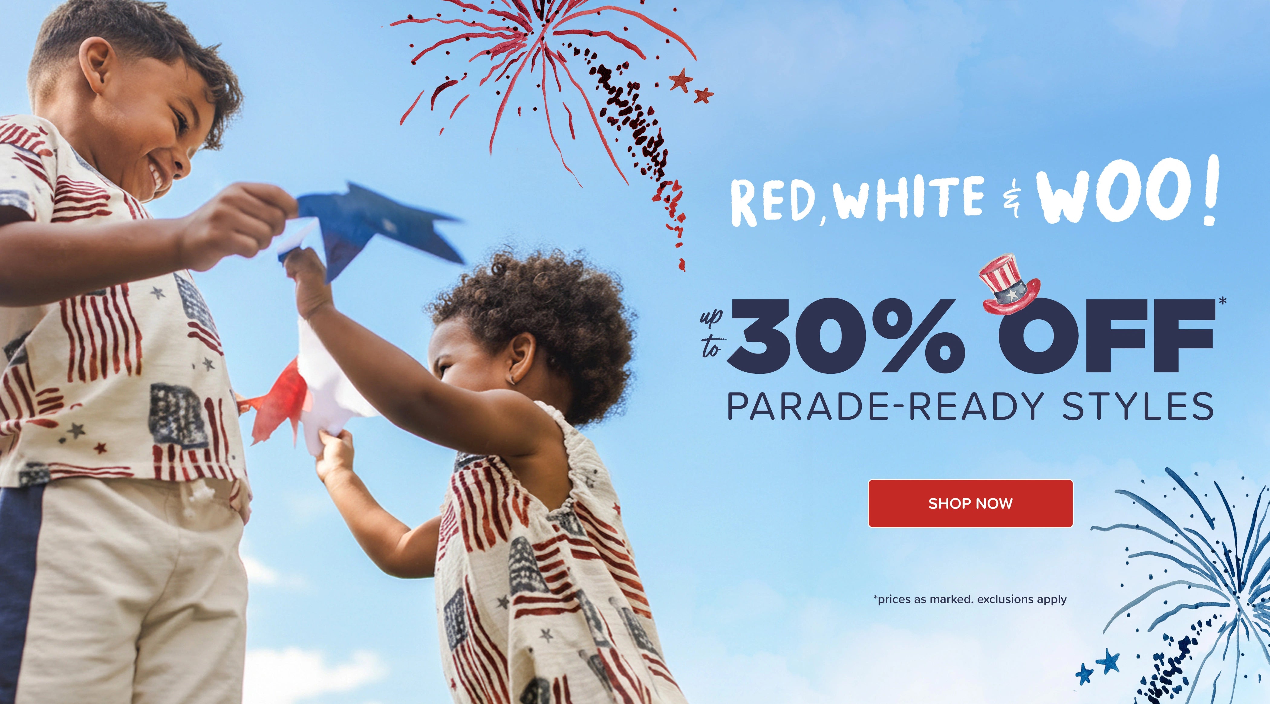 Red, white & woo! up to 30% off parade ready styles. prices as marked. exclusions apply.shop now. 
children wearing matching american flag outfits 