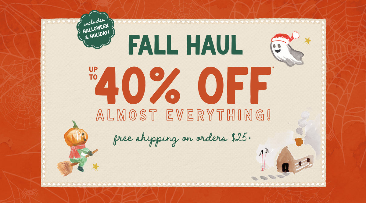 Promotional sale graphic for a fall haul listing, with large text reading 'FALL HAUL' and 'UP TO 40% OFF ALMOST EVERYTHING!' on a cream ticket-style card over an orange patterned background. Decorative Halloween illustrations include a ghost in a Santa hat, a pumpkin figure on a broom, and a small house.