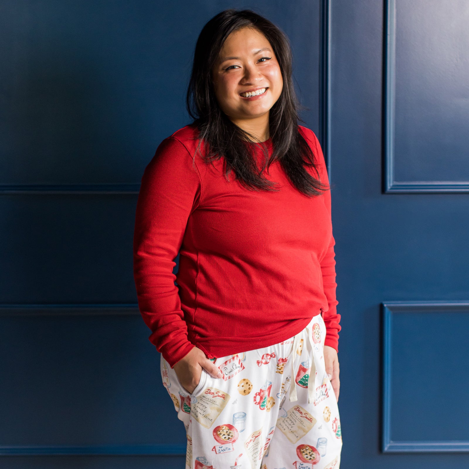 Women's organic cotton PJ set with red long-sleeve top and cookie print pajama pants - View 2
