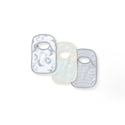 Pack of 3 organic cotton baby bibs: moon print, light cream, and gray stripe styles