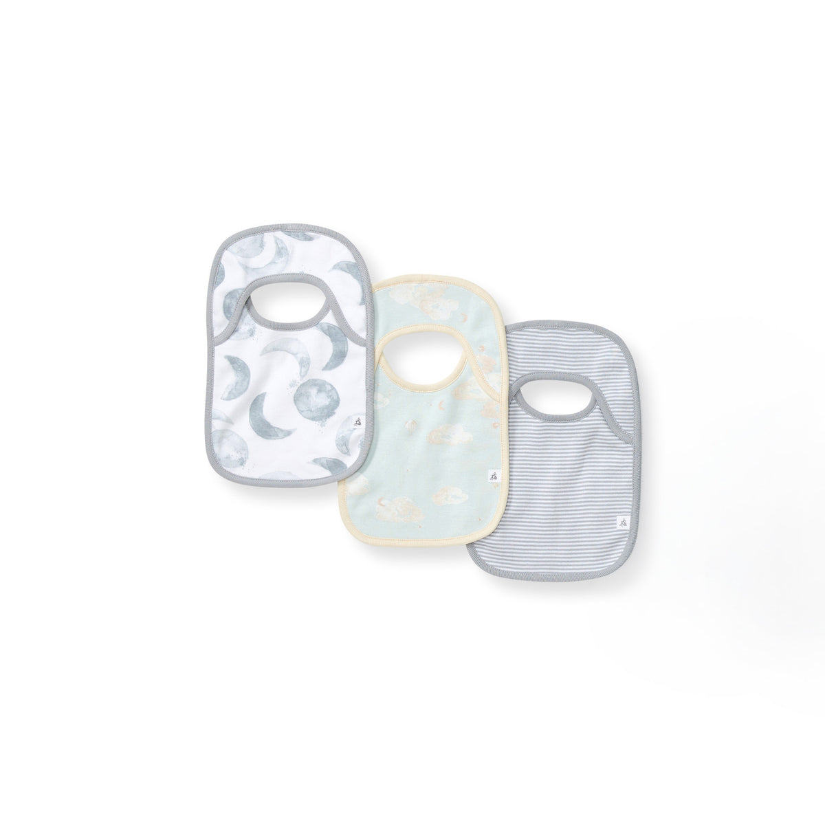 Pack of 3 organic cotton baby bibs: moon print, light cream, and gray stripe styles view 1