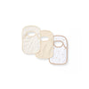 3-pack organic cotton baby bibs: striped, beige solid, and white with small patterns