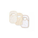 3-pack organic cotton baby bibs: striped, beige solid, and white with small patterns