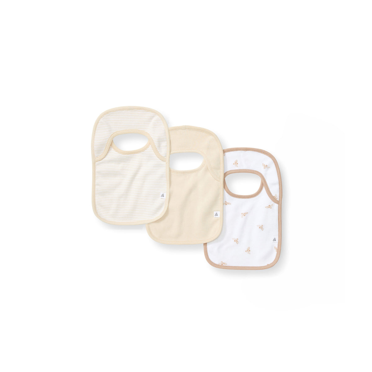 3-pack organic cotton baby bibs: striped, beige solid, and white with small patterns view 1