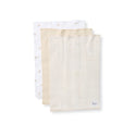 Set of 3 organic baby burp cloths: white bee print and light striped beige.