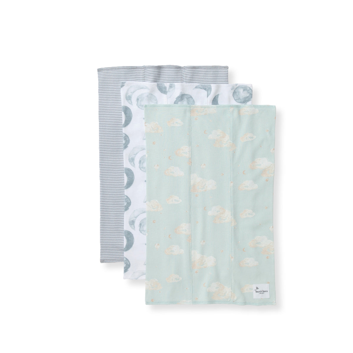 Organic baby burp cloths set of 3: striped and light blue cloud print view 1
