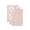 Set of 3 organic baby burp cloths: pink stripes, floral, and solid blush.