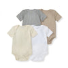 4-pack baby short-sleeve cotton bodysuits in gray, tan, cream, and white