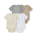 4-pack baby short-sleeve cotton bodysuits in gray, tan, cream, and white