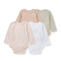 4-pack long-sleeve baby bodysuits, solid organic cotton in blush, beige, gray, and white.