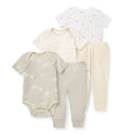 5-piece baby bodysuit and pant pack in light beige/white: striped, cloud-print, solid pants