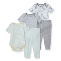 Baby bodysuit and pant set with short sleeves, mixed prints, gray and mint, pack of 5