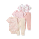 Pink baby bodysuit and pant set (5-pack), floral and striped prints, short sleeves
