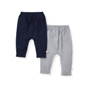 Two-pack organic cotton pants in navy and gray, elastic waistband, cuffed hems