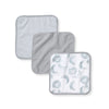 3-pack organic cotton terry washcloths: striped, solid gray, and moon-pattern white