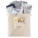 Baby boy sleep time gift set in beige bag with baby clothes and plush teddy