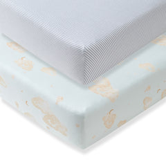 Light blue fitted crib sheets: striped and beige animal print corner