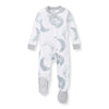 Organic cotton baby sleeper, white with teal moon print, button henley neckline and footed legs