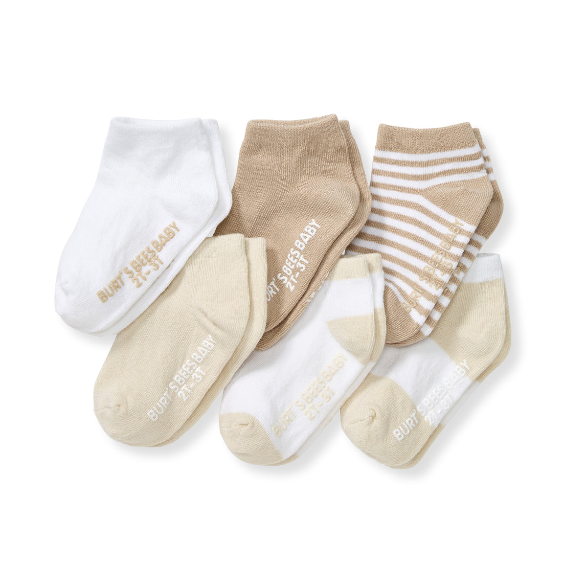 Burt's Bees Baby Solid & Stripes Organic Cotton Baby Ankle Socks 6 Pack - Oat