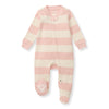 Infant striped organic cotton sleep romper, pink-and-sand, footed, button placket