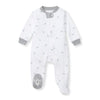 Golden Bee organic cotton sleep & play romper, white bee print, gray button placket, footed