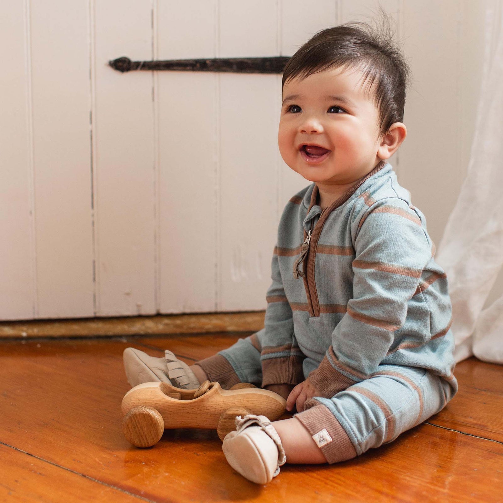 Product Image 1 of Holland Stripe Organic Baby Boy Jumpsuit - Mountain Blue
