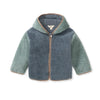 Color-block sherpa fleece zip-front jacket with hood trim, blue and green