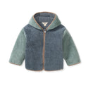 Color-block sherpa fleece zip-front jacket with hood trim, blue and green