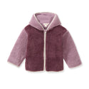 Zip-front sherpa jacket in dark elderberry with two-tone hood and full zipper