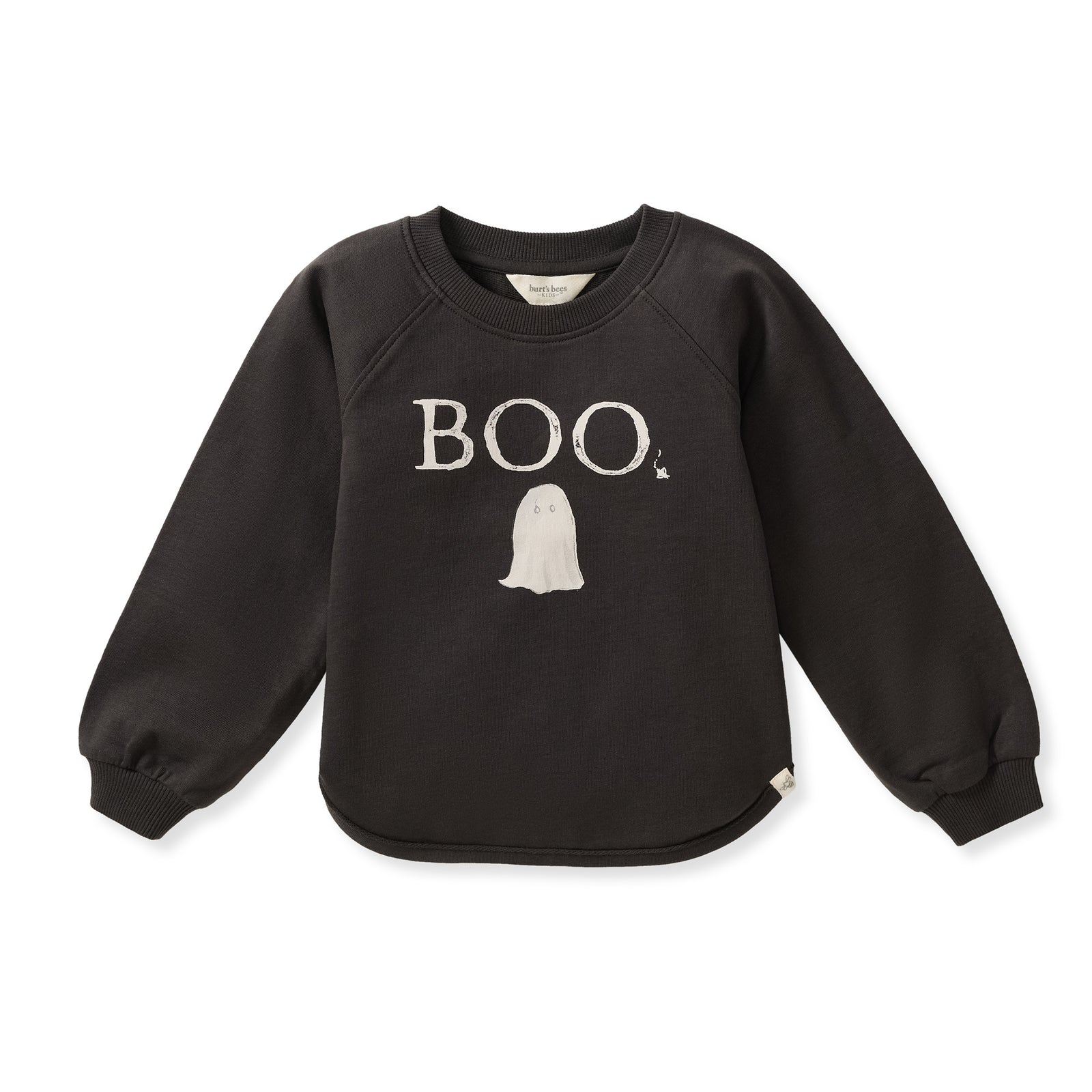 Dark organic cotton sweatshirt with raglan sleeves and BOO ghost front graphic