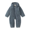 Blue sherpa hooded footed onesie with front zipper and long sleeves