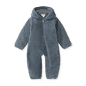 Blue sherpa hooded footed onesie with front zipper and long sleeves