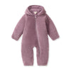 Elderberry sherpa hooded bunting with front zipper and footed legs