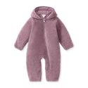 Elderberry sherpa hooded bunting with front zipper and footed legs