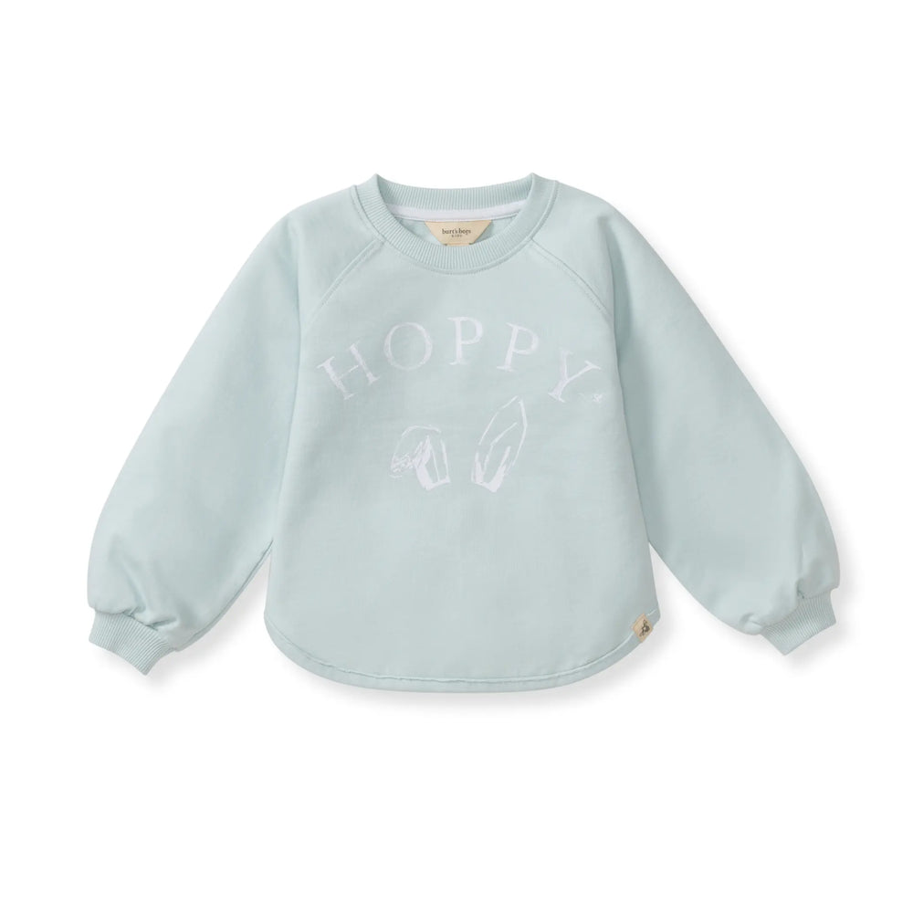 Light blue sweatshirt with 'HOPPY' text on a white background