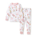 White two-piece pajama set with long sleeves and pants, colorful fairytale house print