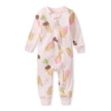 Light pink footless baby sleeper with ice cream cone print, long sleeves, snap-front.