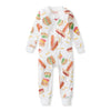 White footless baby sleeper with long sleeves and all-over hot dog and hamburger print