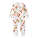 White footless baby sleeper with long sleeves and all-over hot dog and hamburger print