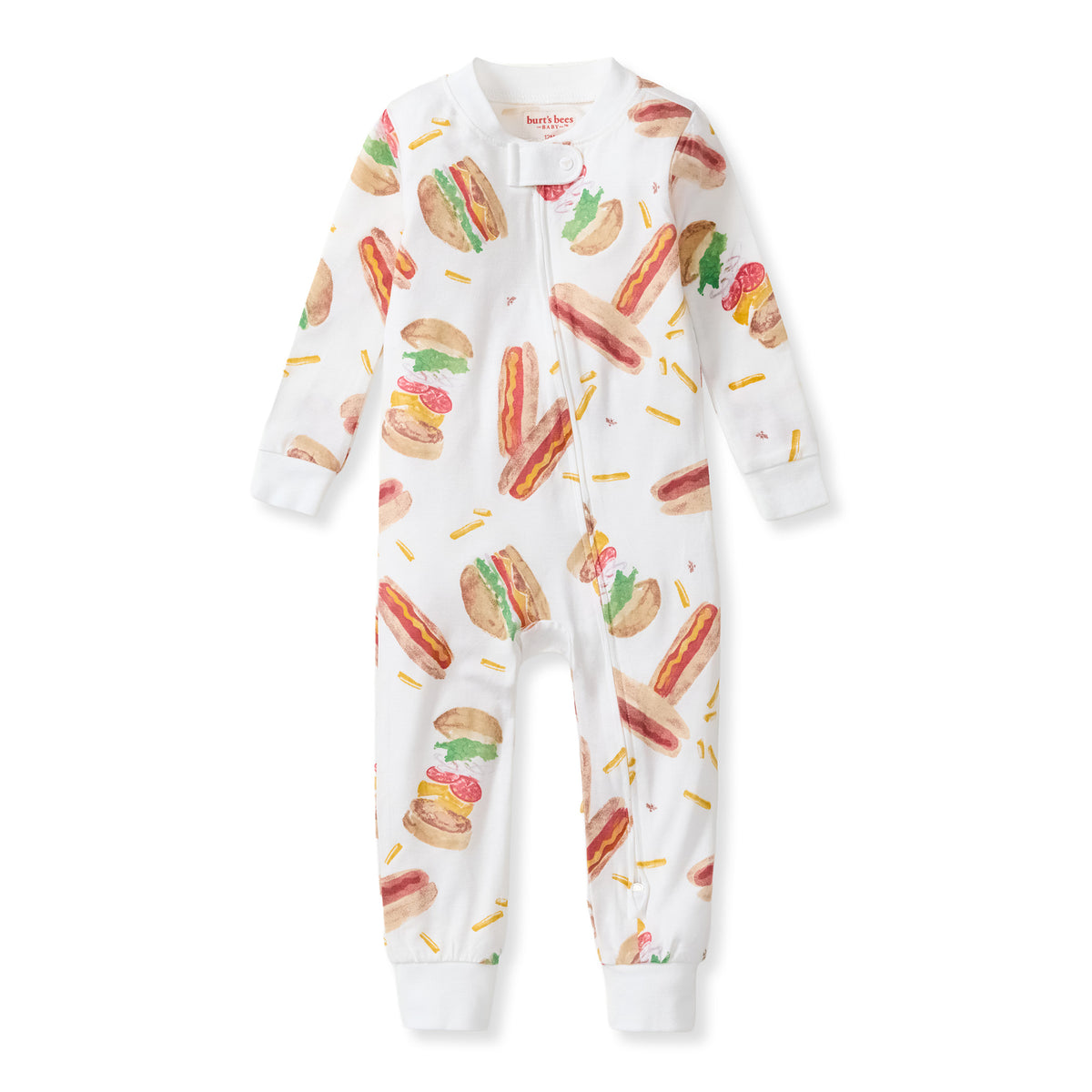 White footless baby sleeper with long sleeves and all-over hot dog and hamburger print - View 1