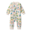 Cream organic cotton romper with colorful seaside-style blocks, snap-neck long sleeves