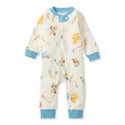 Cream footless cotton sleep & play with blue snap placket, cuffs, and chores print