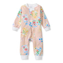 Footless sleep romper in organic cotton, long sleeves, pastel floral stamp print, button placket