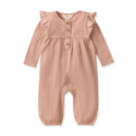 Ribbed pointelle baby girl jumpsuit, dusty pink, long sleeves, button front, ruffled shoulders