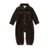 Dark knit corduroy baby jumpsuit with collar, front buttons, chest flap pockets