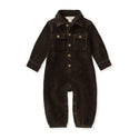Dark knit corduroy baby jumpsuit with collar, front buttons, chest flap pockets