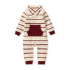 Striped shawl-collar baby jumpsuit, cream with burgundy stripes and front pocket