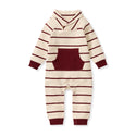 Striped shawl-collar baby jumpsuit, cream with burgundy stripes and front pocket